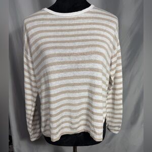 EILEEN FISHER Sweater XS Organic Linen Round Neck Long Sleeve Pullover White Tan